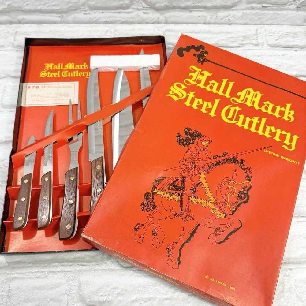 Vintage 1983 Hallmark Steel Cutlery 6 Piece Wood Handle Knifes Set No 344 - NEW